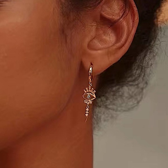 Gold 14K Evil Eye Hoop Zircon Drop Dangling Minimalist Earrings - Picture 8 of 8
